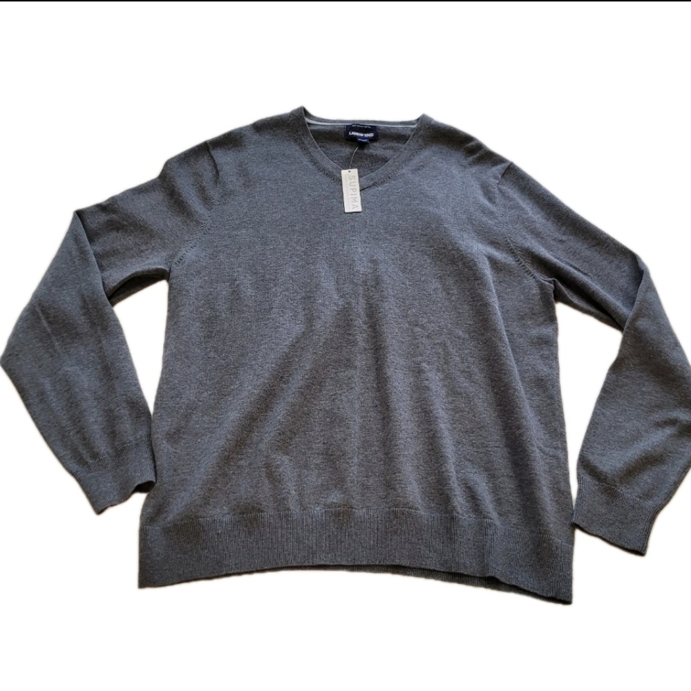 NWT Land's End Mens XL Sweater Grey Supima Cotton V Neck Pullover Classic Casual